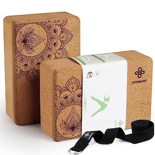 Overmont Cork Yoga Blocks 2 Pack with 8ft Strap: